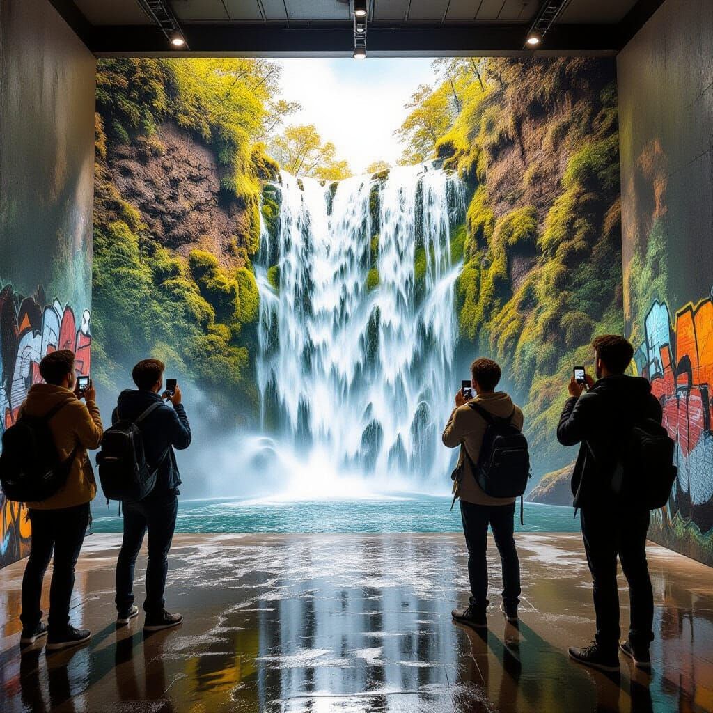 Realistic Waterfall Mural Flows Onto Floor