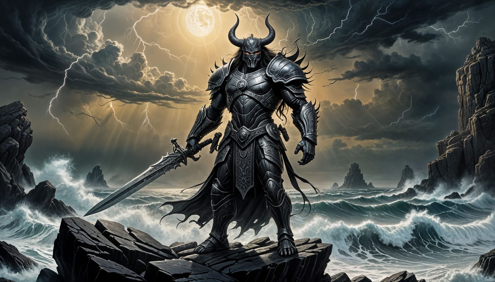 Epic Warrior Stands Resolute Amidst Turbulent Sea, Empowered...