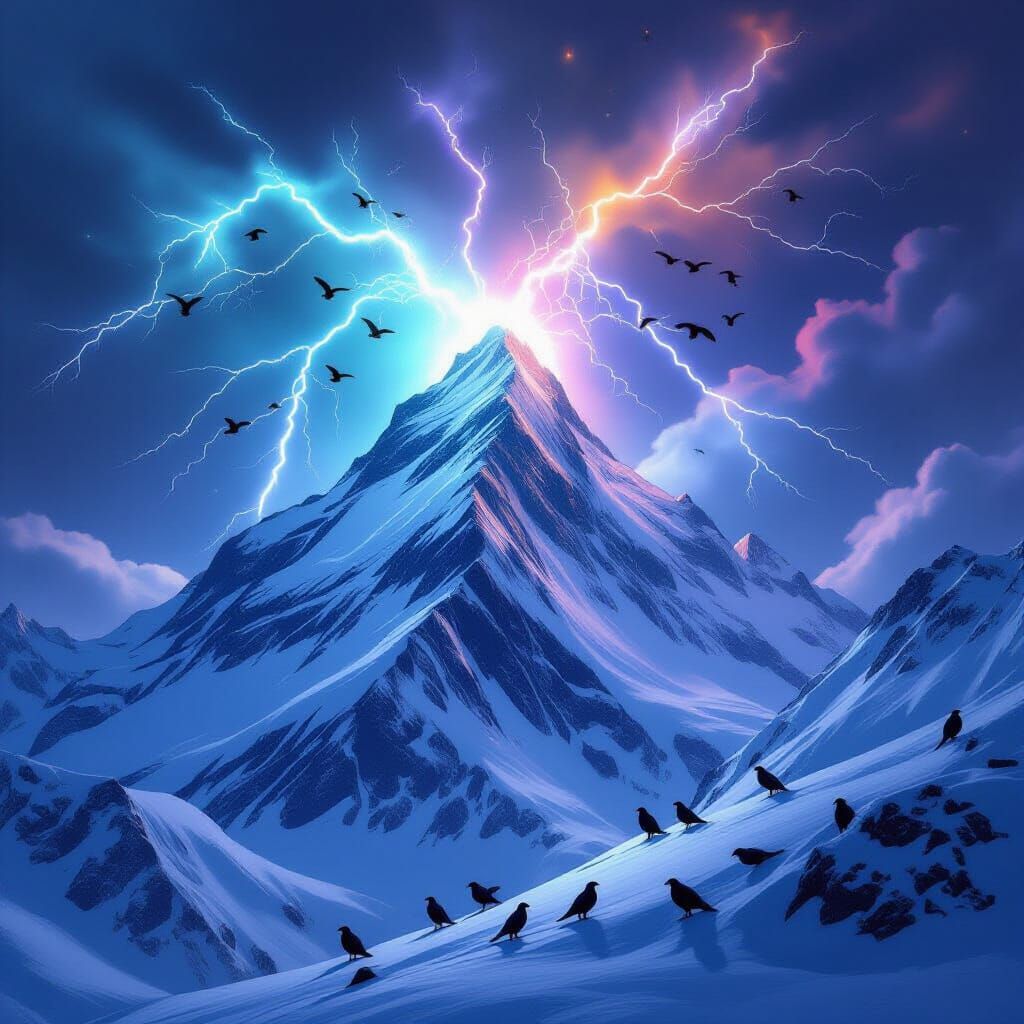 Snowy Mountain Peaks Ablaze with Lightning