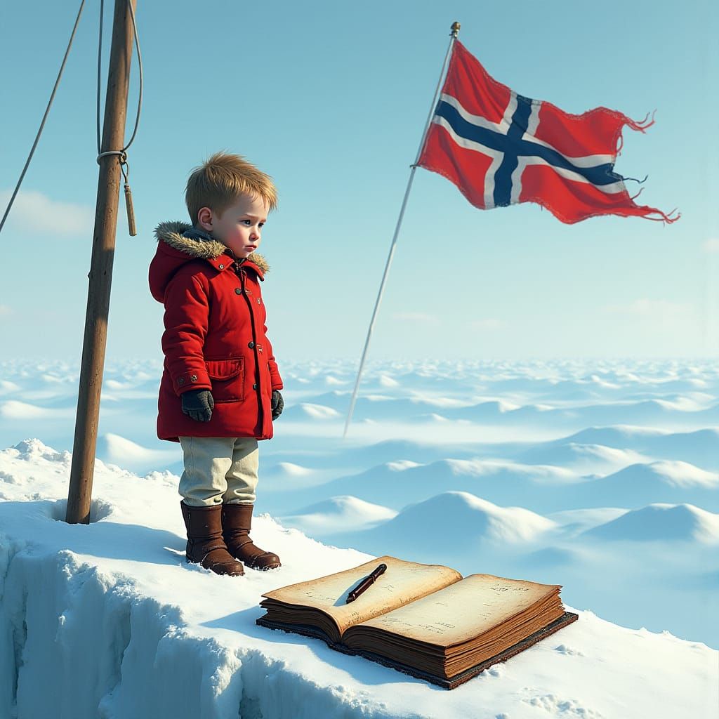 South Pole Boy with Book in a Frozen Landscape