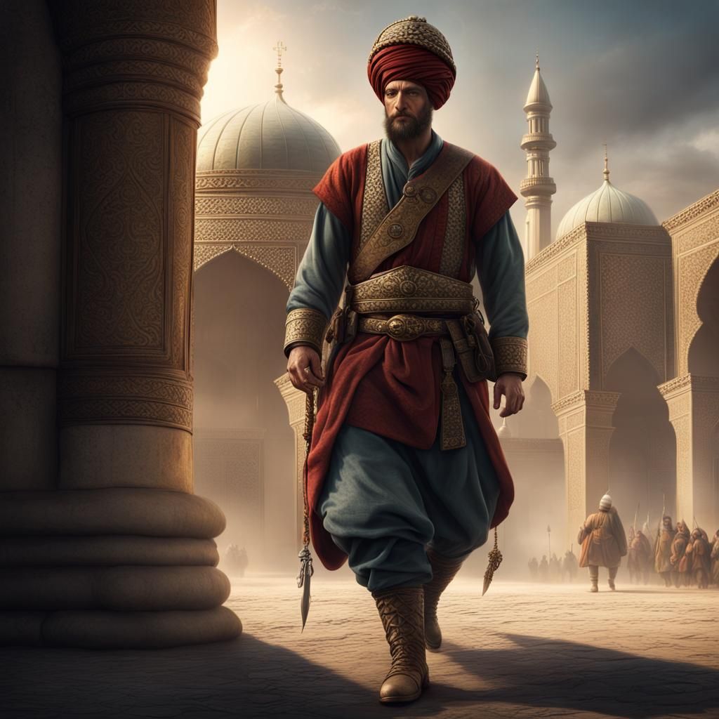 An Ottoman warrior going to pray. He is wearing a turban, his clothes are that of a king