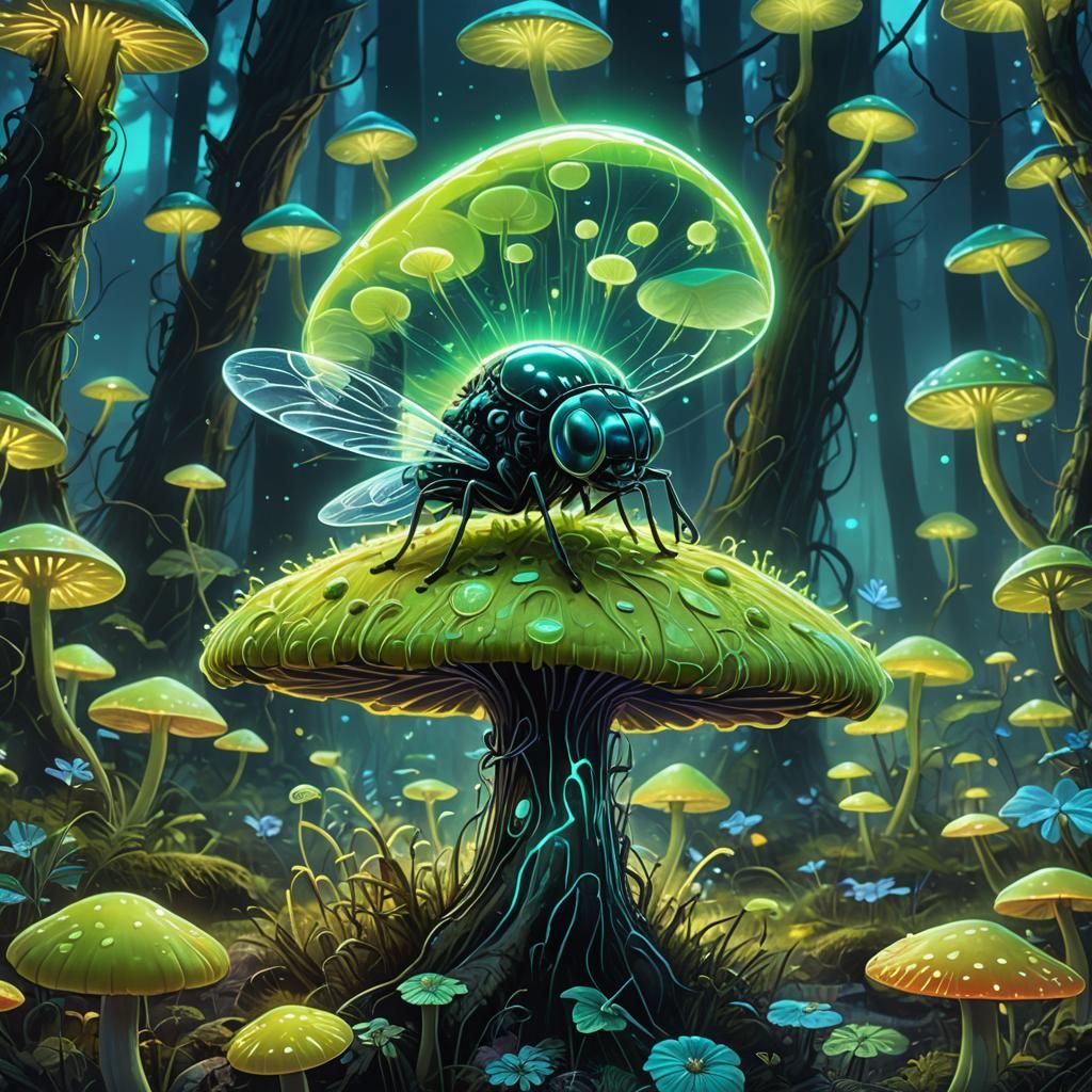 Neon Green Fly in Bioluminescent Forest