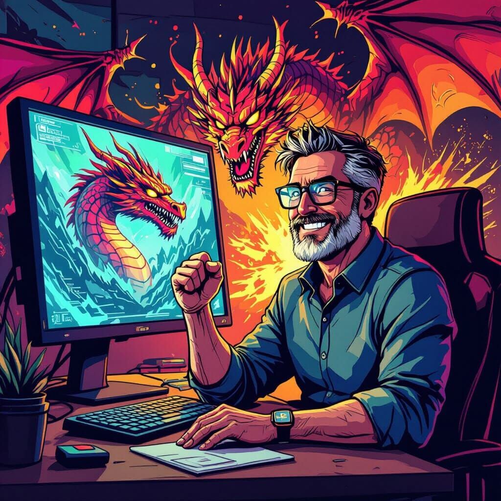 Triumphant Man Defeats AI Dragon in Graphic Novel Style