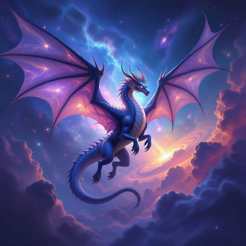 Spectral Dragon Soars Through Nebula in Epic Fantasy Art