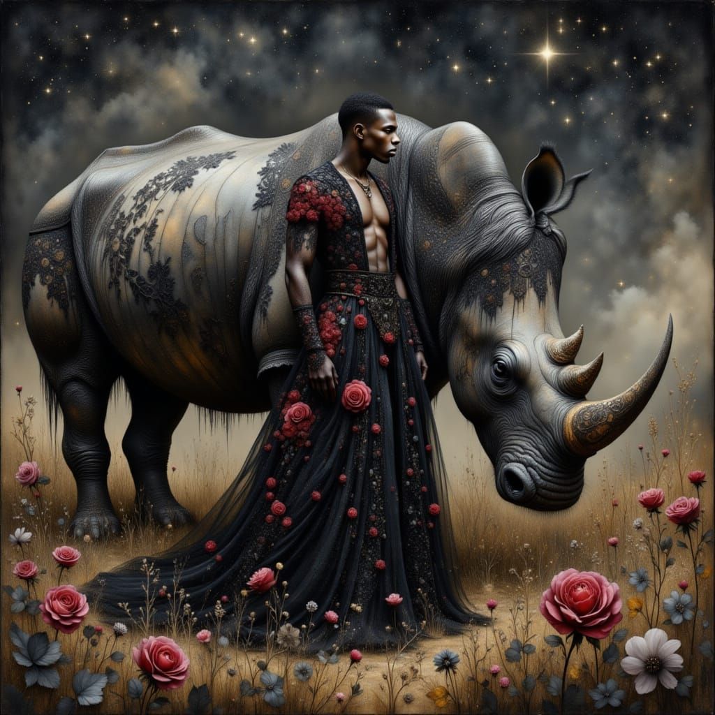 Goth Man in Rococo Gown with Rhino, Dark Fantasy