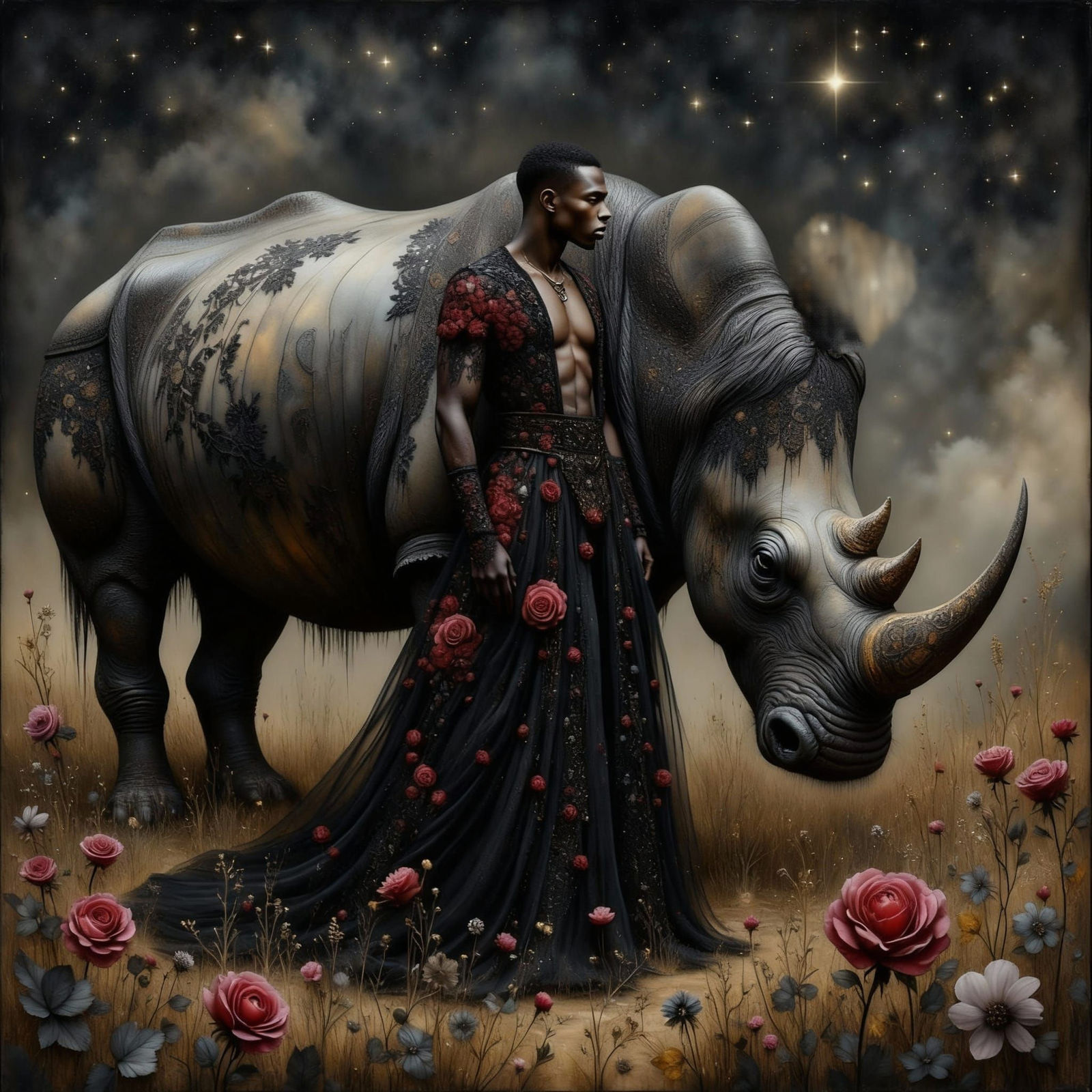 Goth Man in Rococo Gown with Rhino, Dark Fantasy