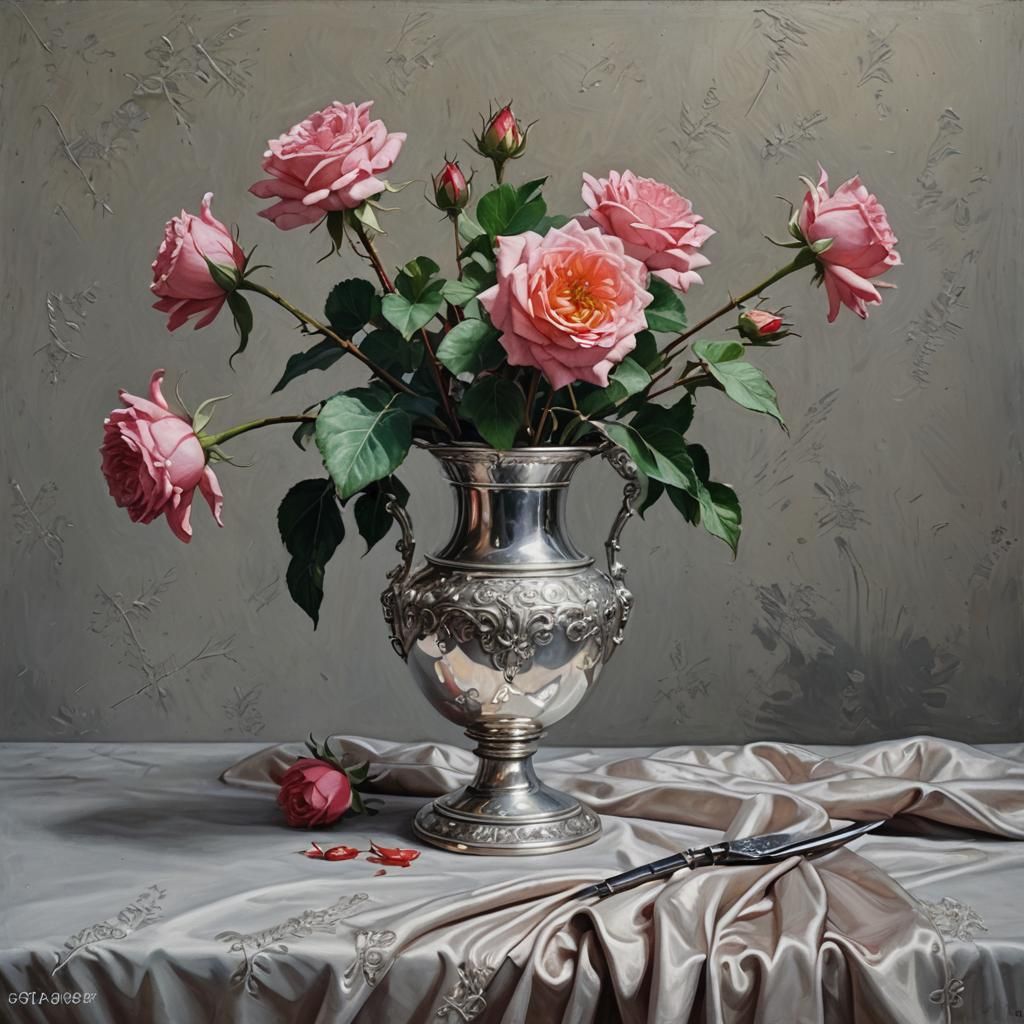 Velvet and Silver Rose: Oil Painting