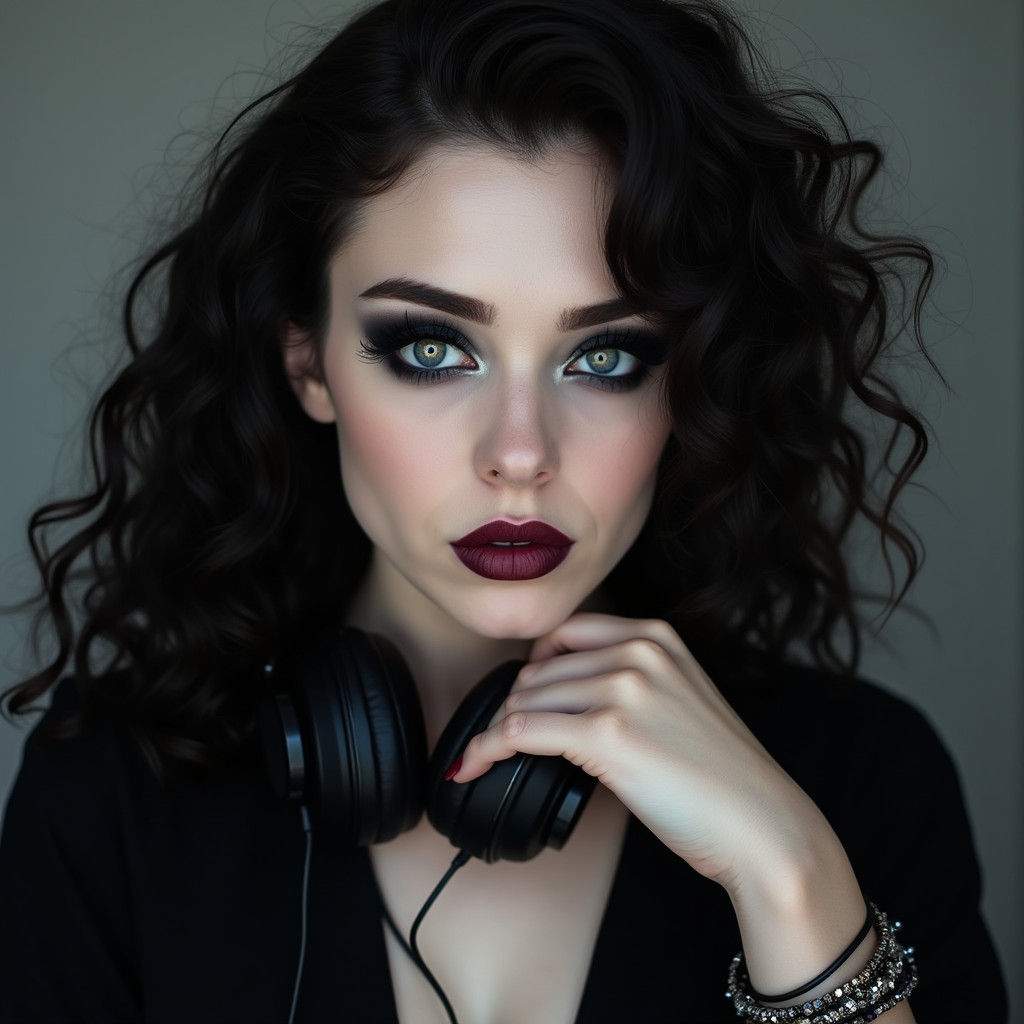 Woman with Pale Skin, Dark Eyes, and Bold Makeup