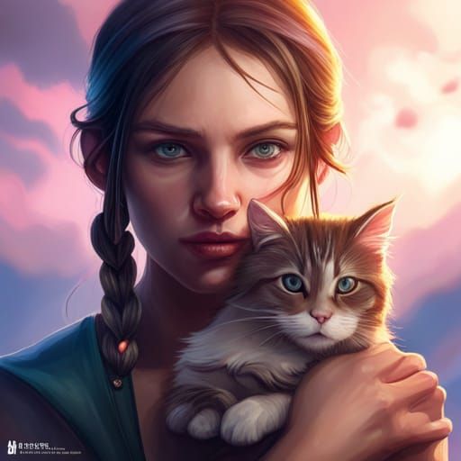 Girl and Cat Portrait in Hyperdetailed Splash Art Style