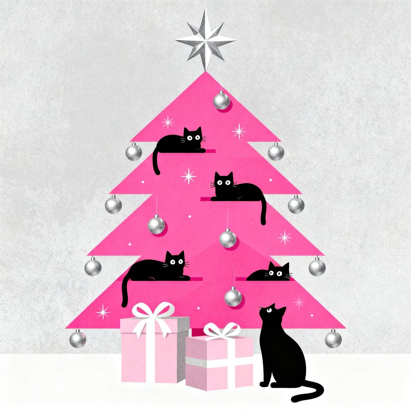 Mid-Century Modern Pink Christmas Tree with Cats