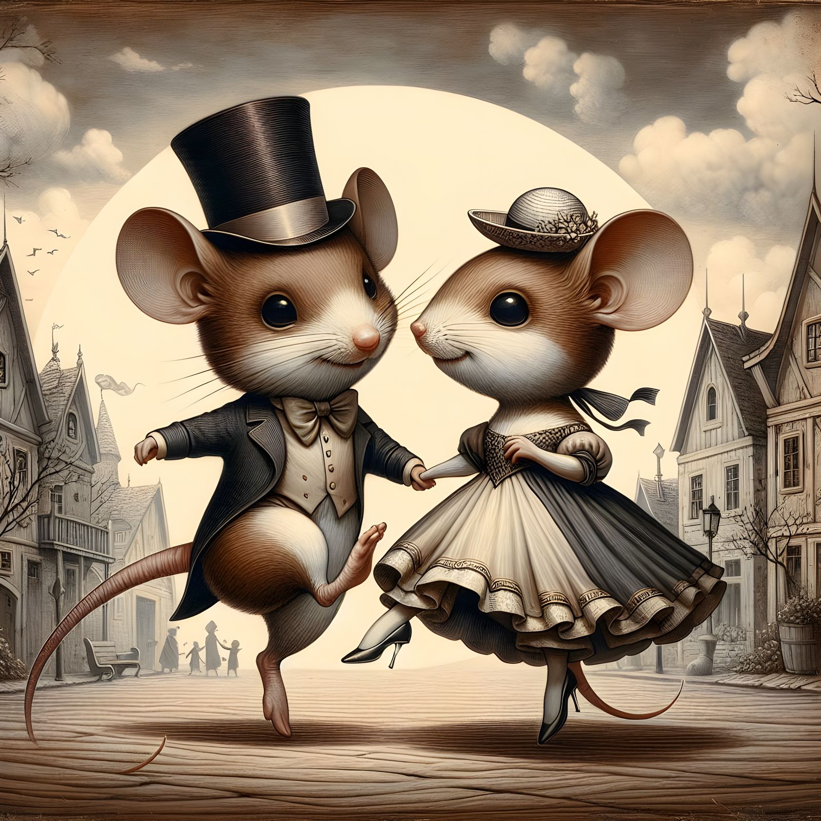 Village Mouse Waltz in Whimsical Oil on Wood Style