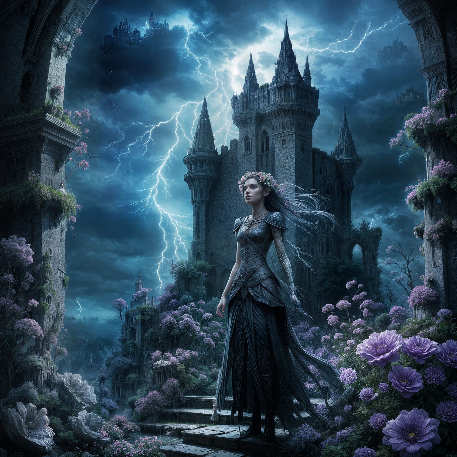 Sinister Fairy Castle Under Lightning Sky