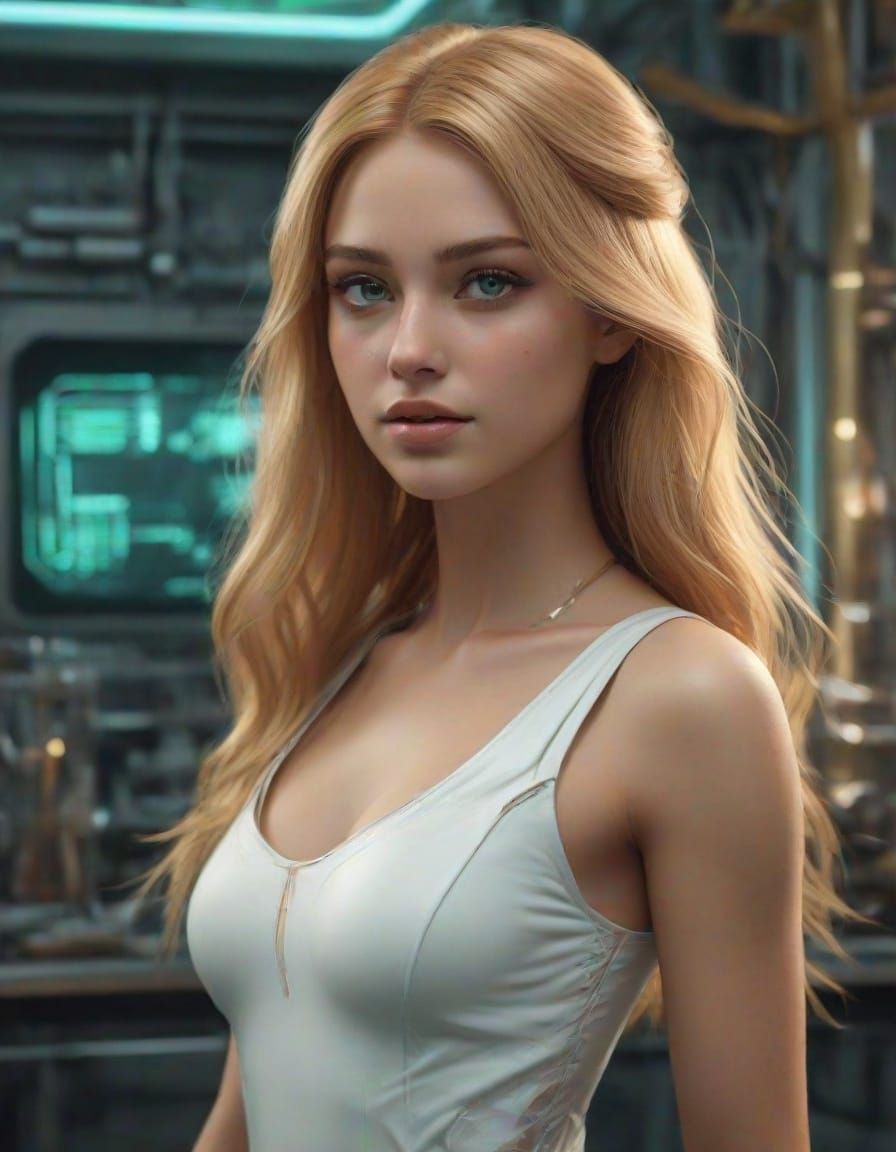 Ethereal Woman Explores Mystical Laboratory