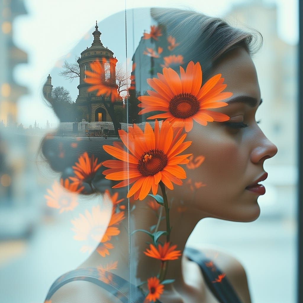 Double Exposure Flower with Geometric Pattern