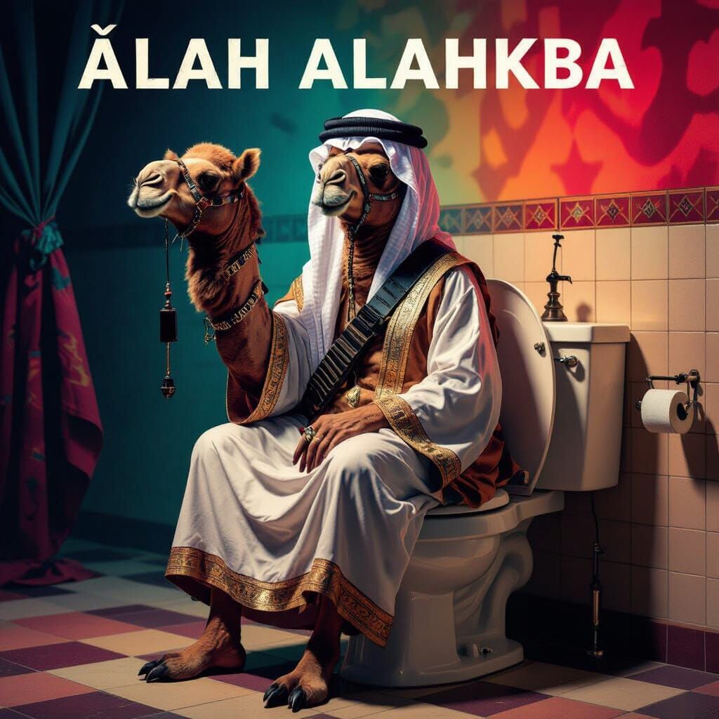 Surreal Sheikh Camel on Toilet with Bomb Strap