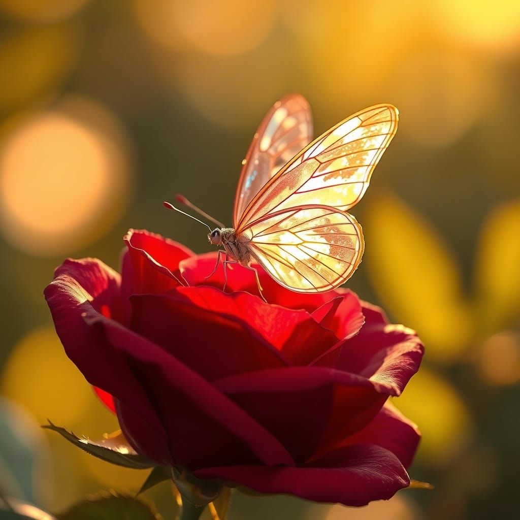 Crystal Butterfly on Ruby Rose in Golden Hour Light