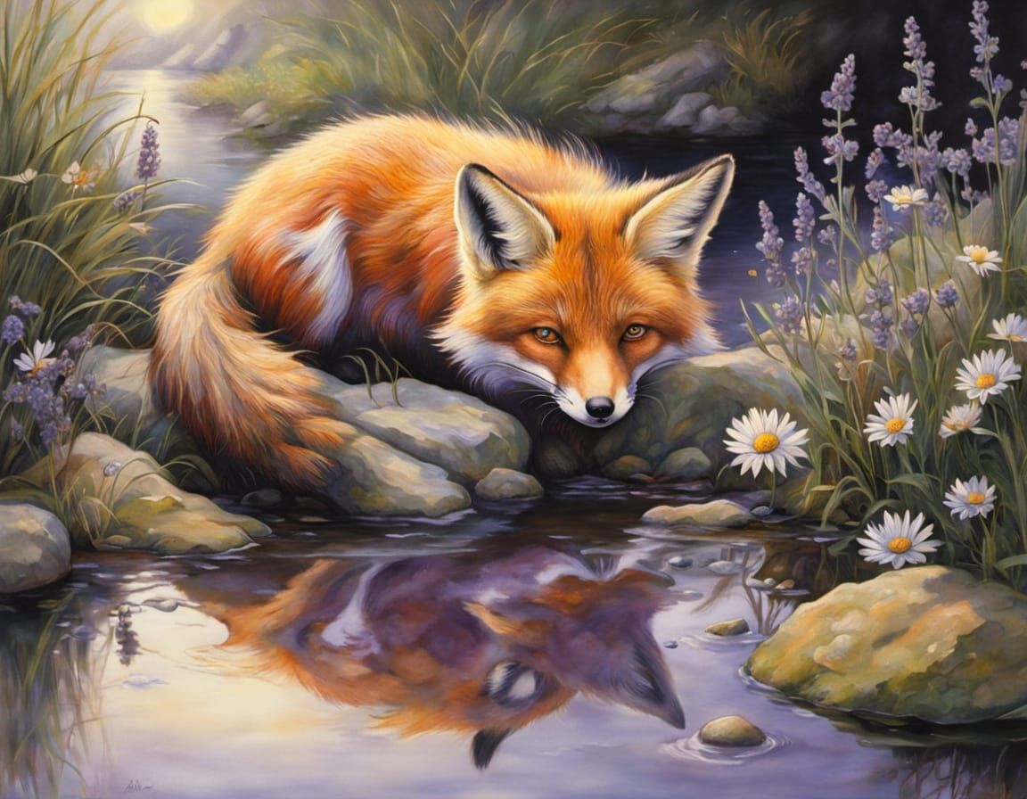 Fox Drinking from Pond in Fantasy Oil Painting