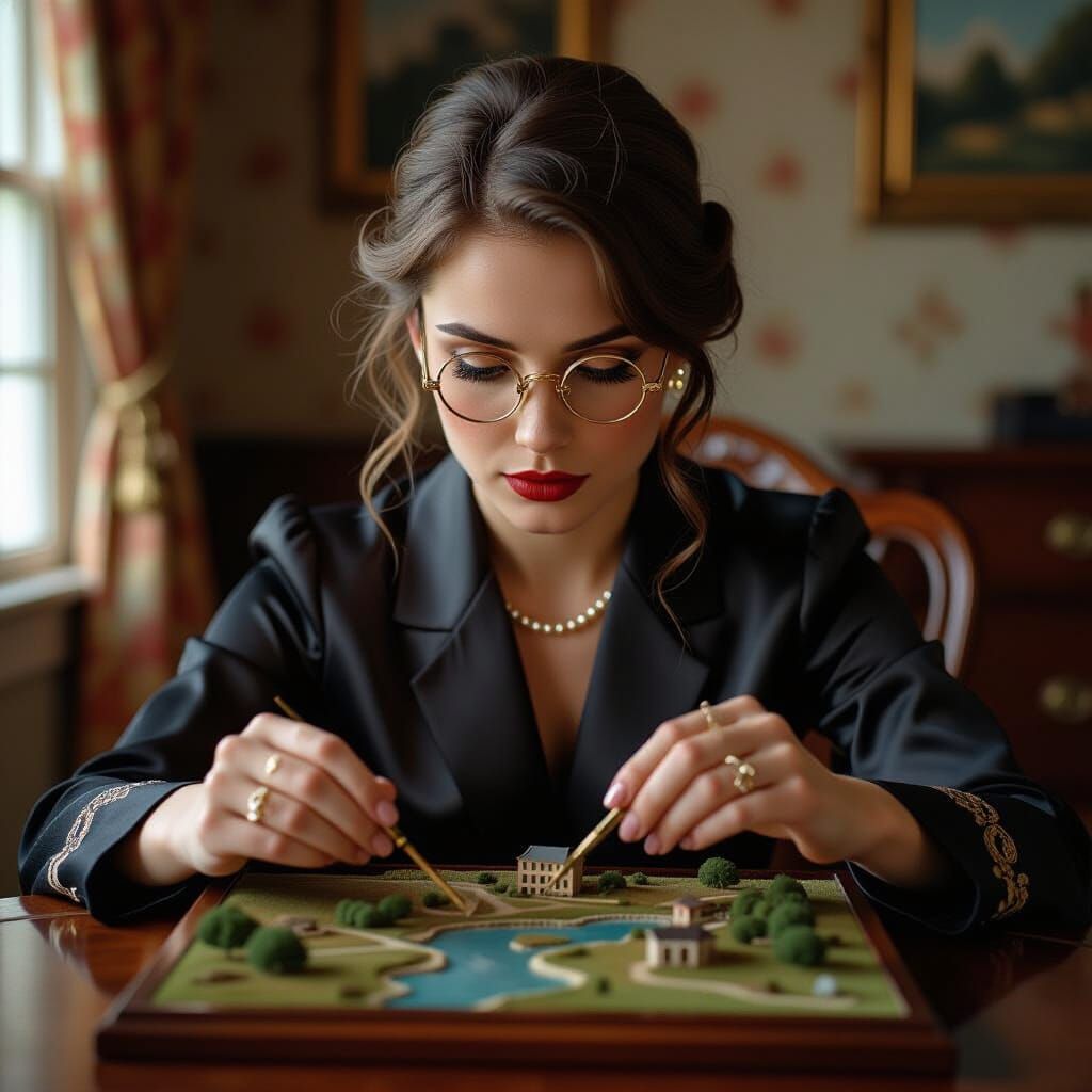 Woman Judges Miniature Landscape in Cinematic Style