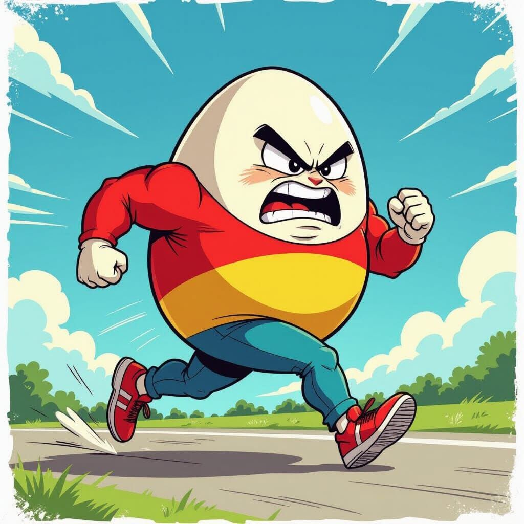 Angry Egg Character Exercising in Comic Book Style