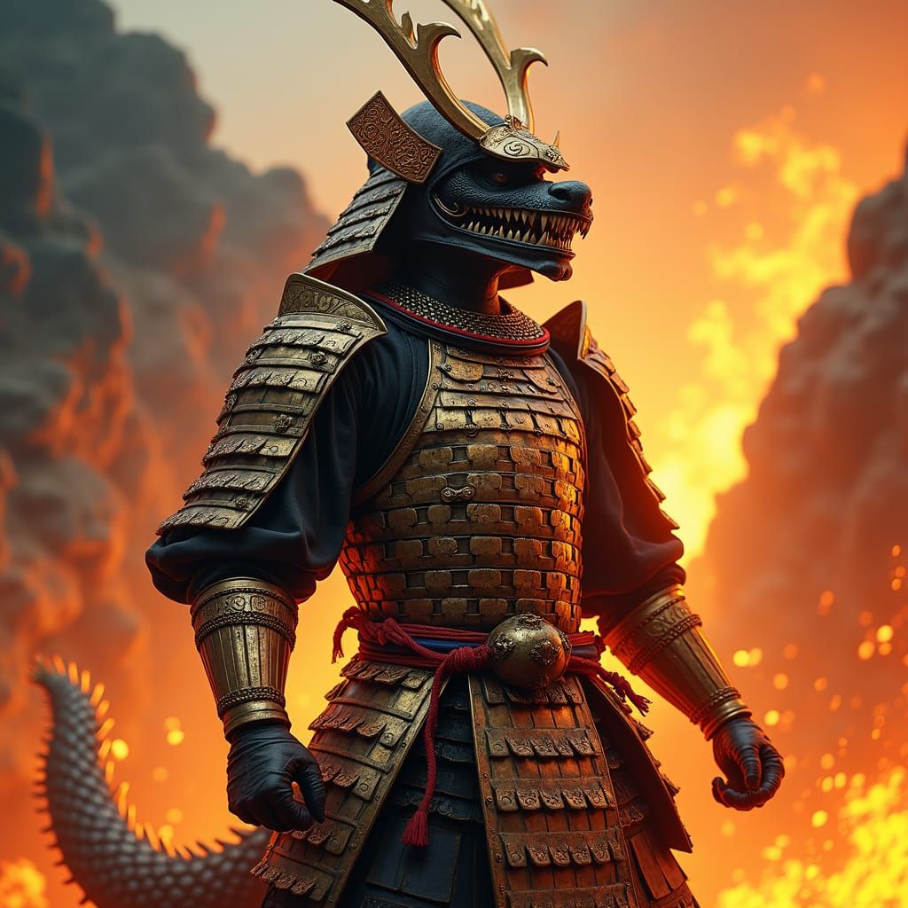 Japanese Dragon Soldier in Fiery Landscape