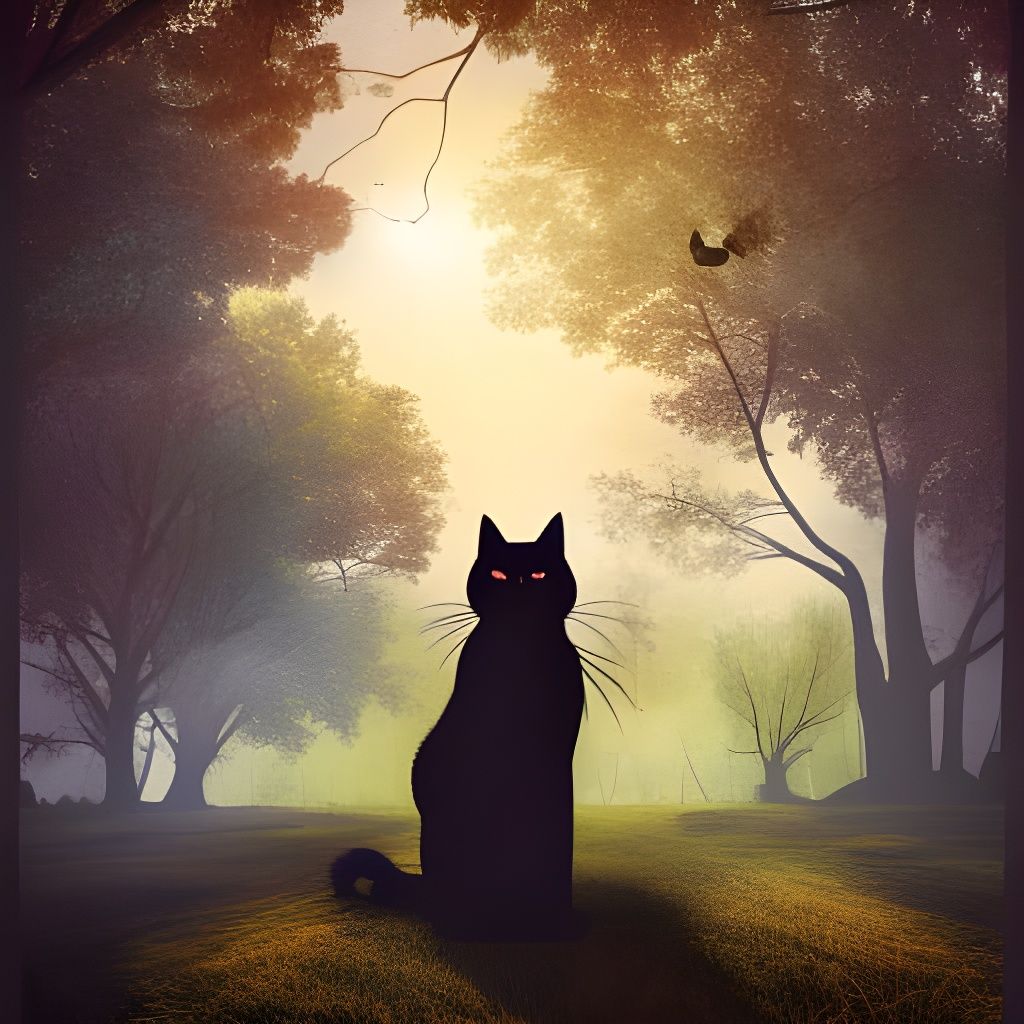 Black Cat Under an Old Oak Tree