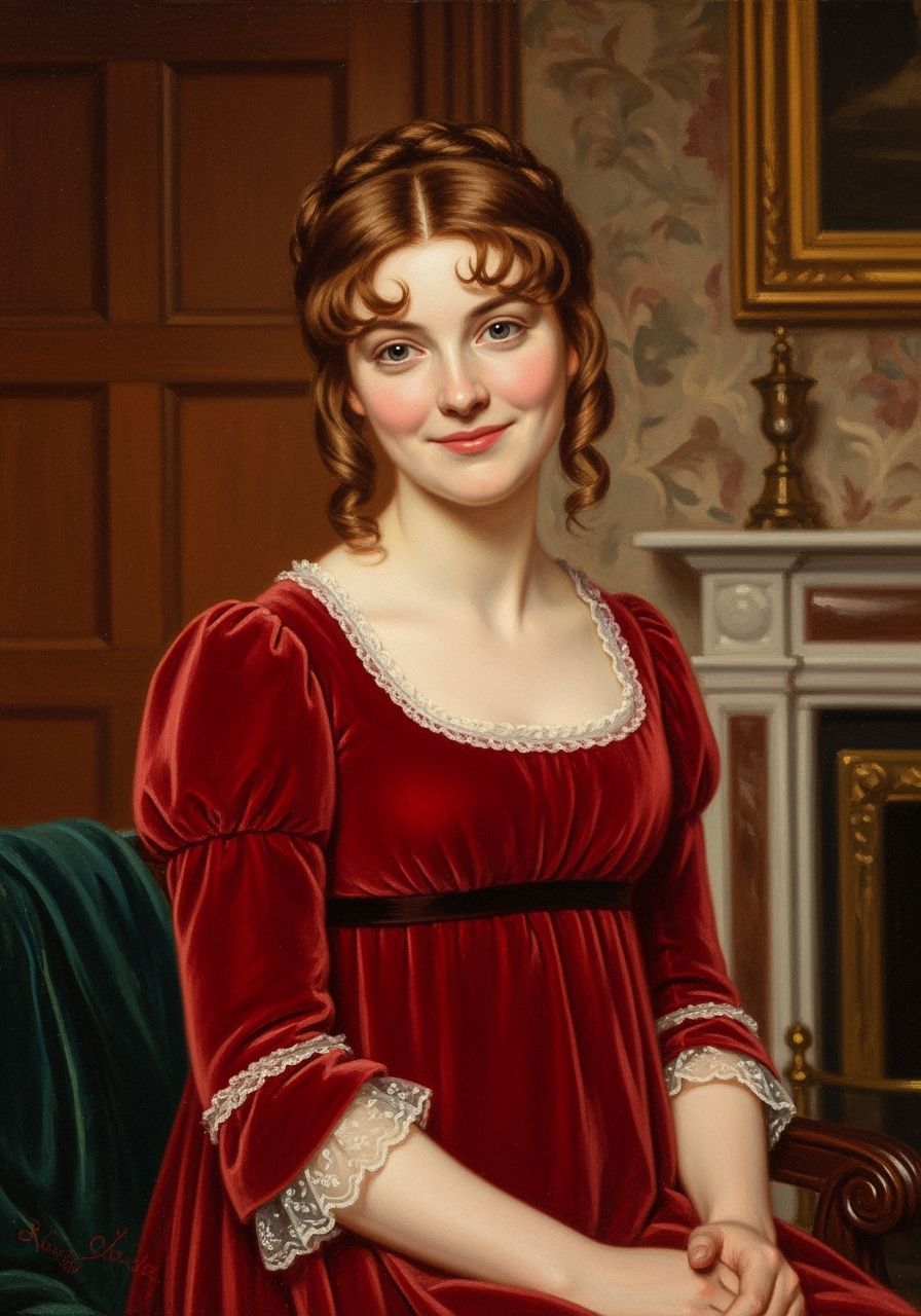 Regency Woman in Red Velvet Dress, Oil Portrait