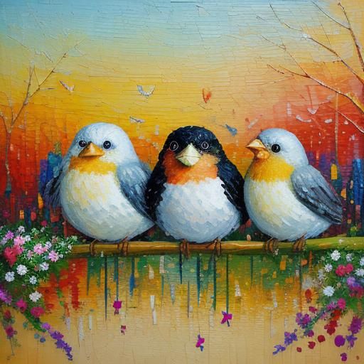 Colorful Birds in Expressionist Impasto Style