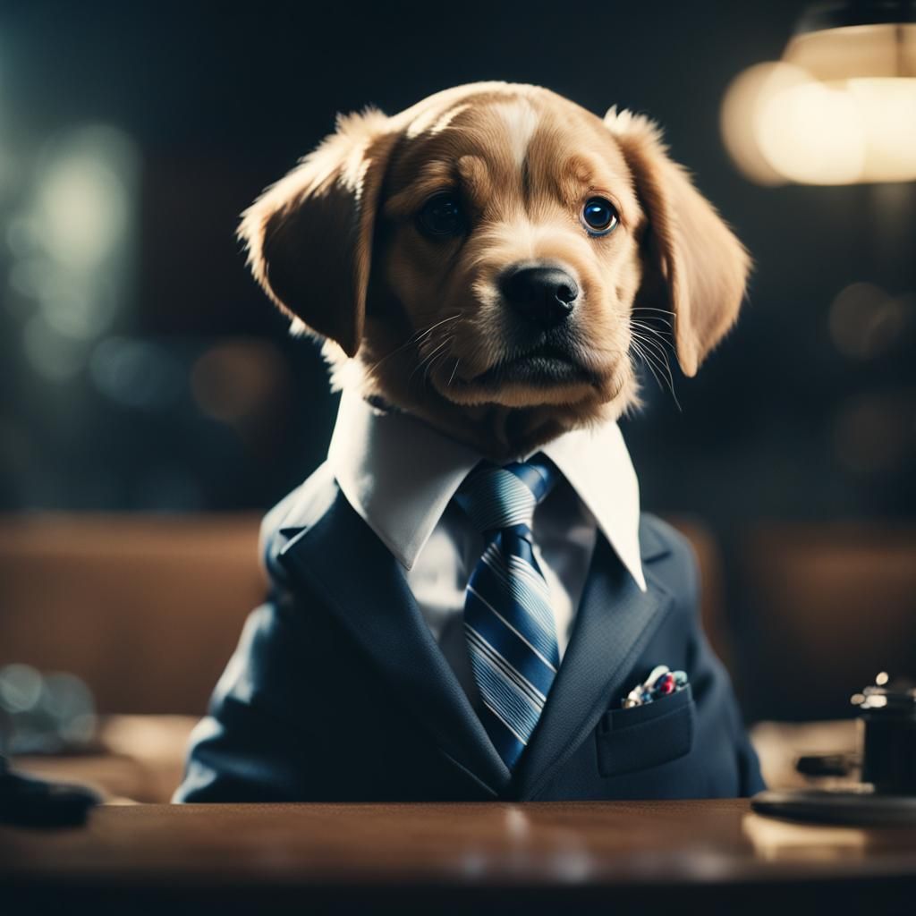 Puppy in Suit: A Cinematic Film Still