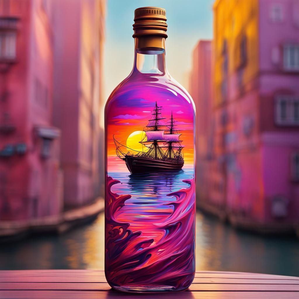 Ship in a Bottle Sunset: Graffiti Art Style