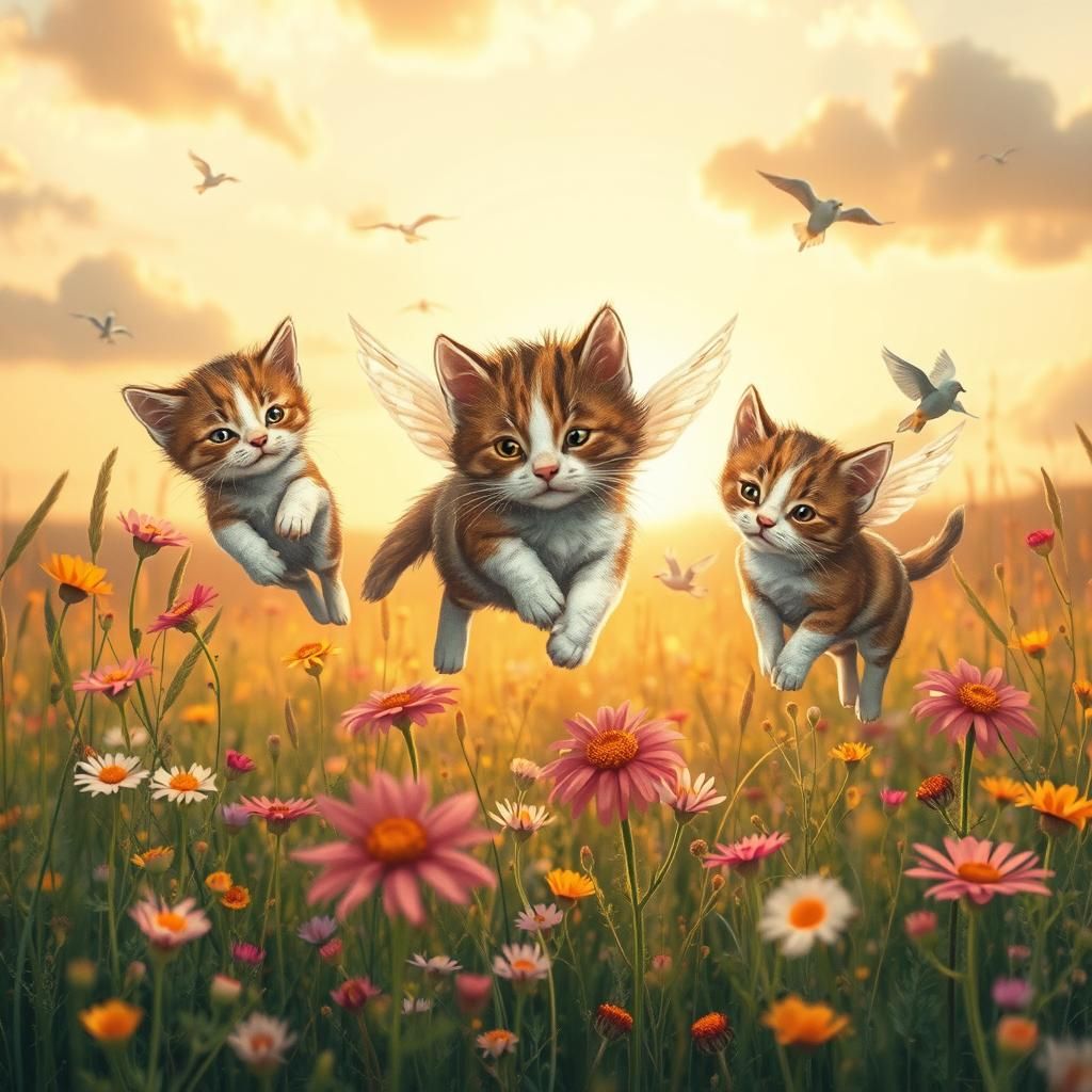 Whimsical Flying Kitties and Puppies in Golden Meadow