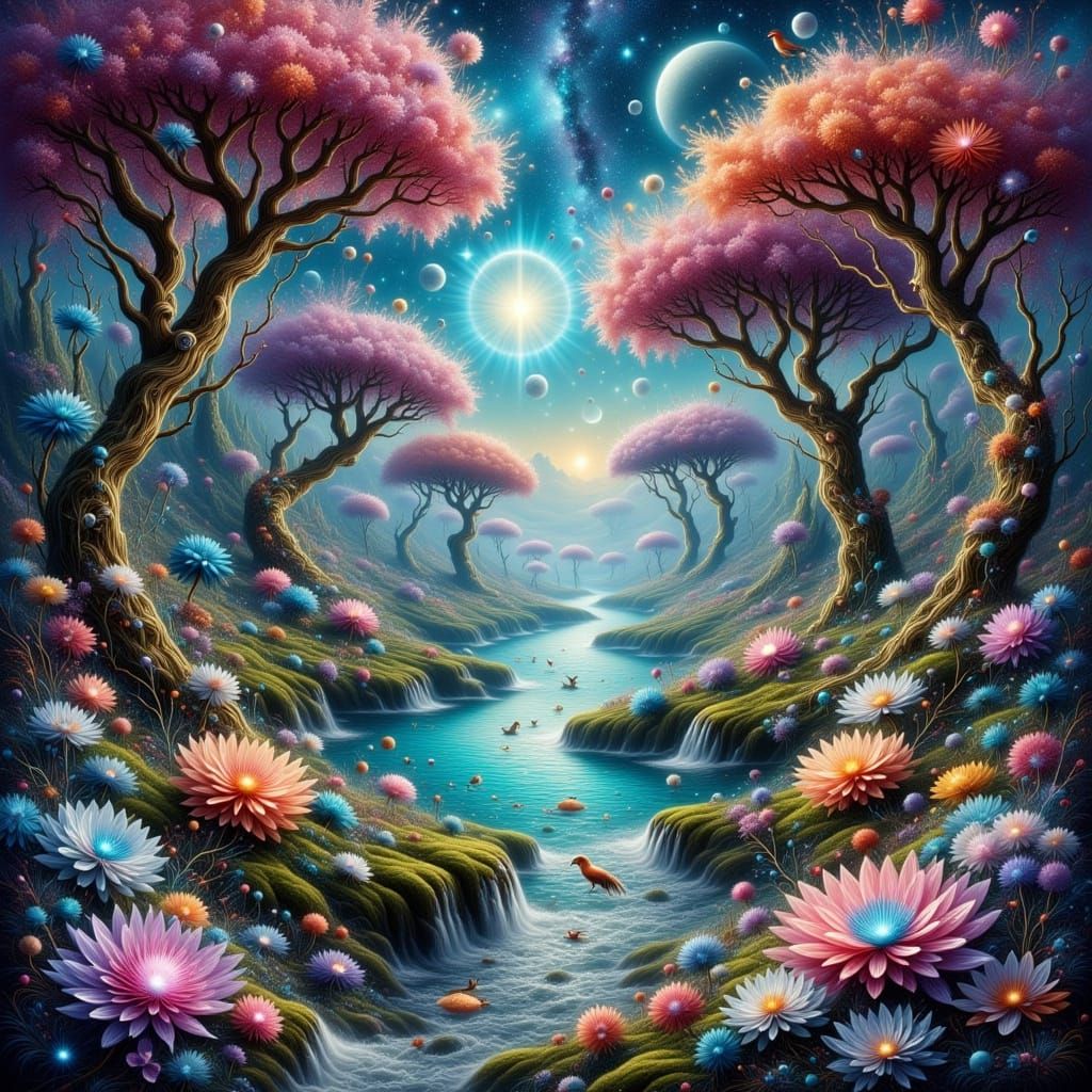 Celestial Steampunk Landscape with Iridescent Trees