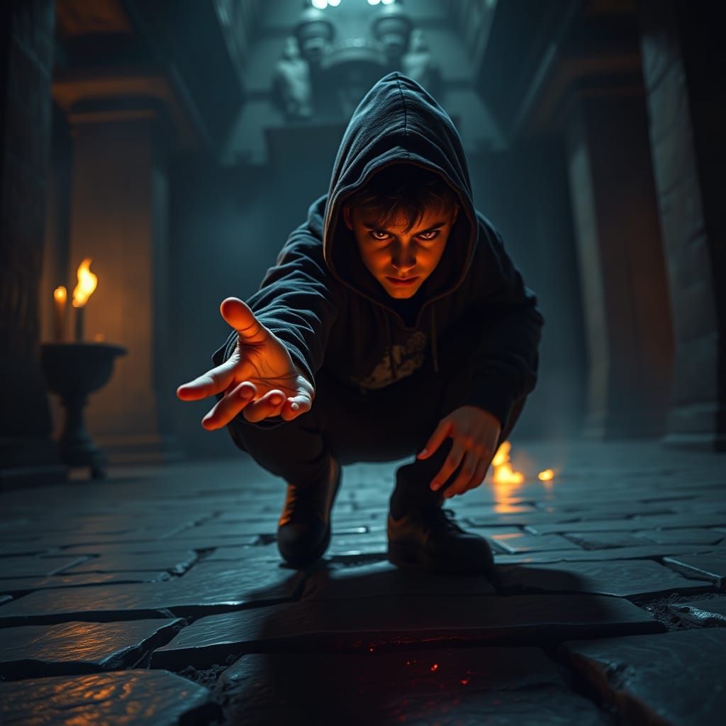 Dark Fantasy Boy Prepares to Strike in Ancient Temple