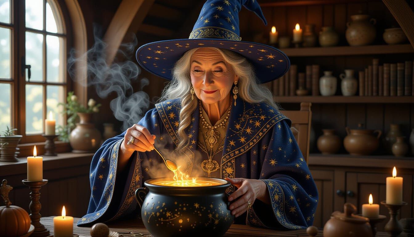 Wise Witch Brews Enchanting Potion in Cozy Cottage