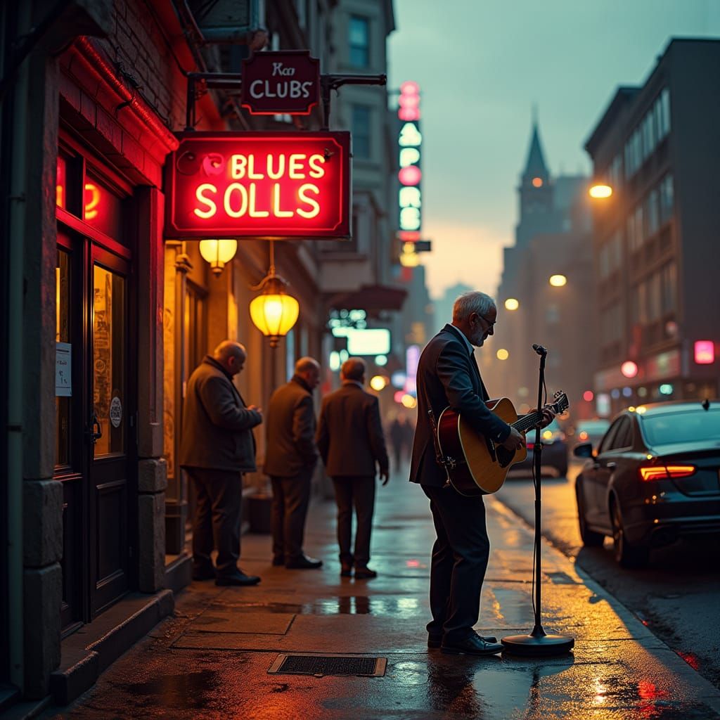 Warm Evening Blues on a Neon City Street