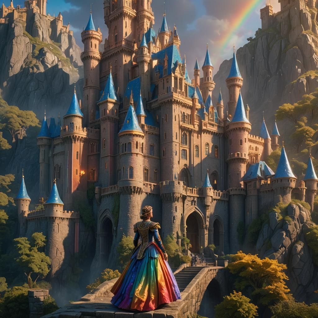 Regal Figure Before Castle: Maximalist Fantasy Art