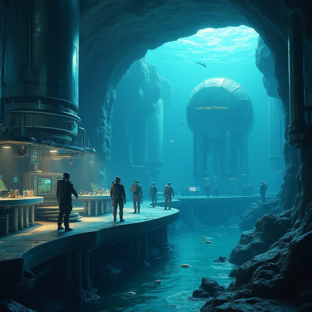 Futuristic Underwater Lab with Sci-Fi Divers