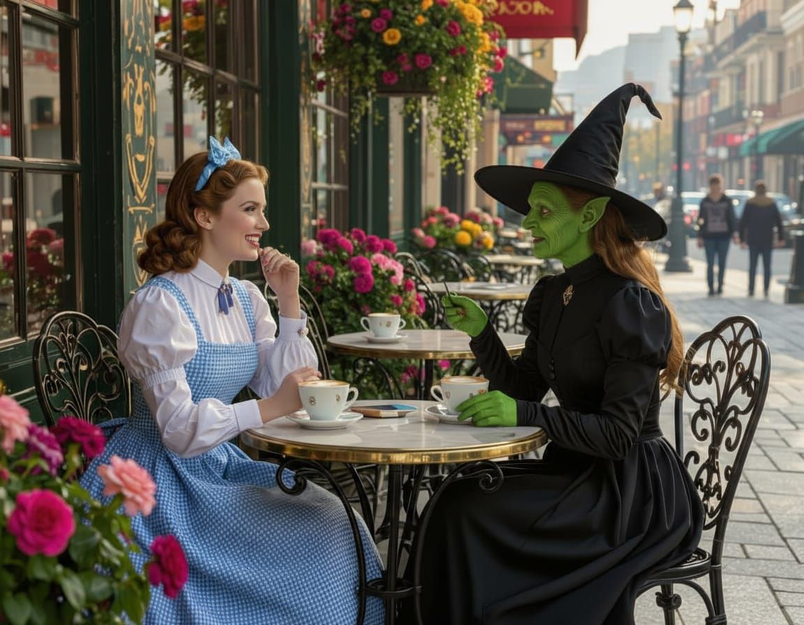 Wicked Witch and Dorothy Enjoy Coffee at Cafe