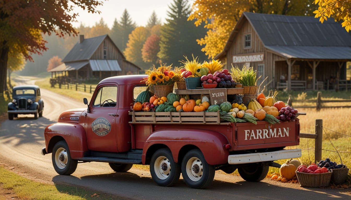 Rustic Farmstand with Autumn Produce in Folk Art
