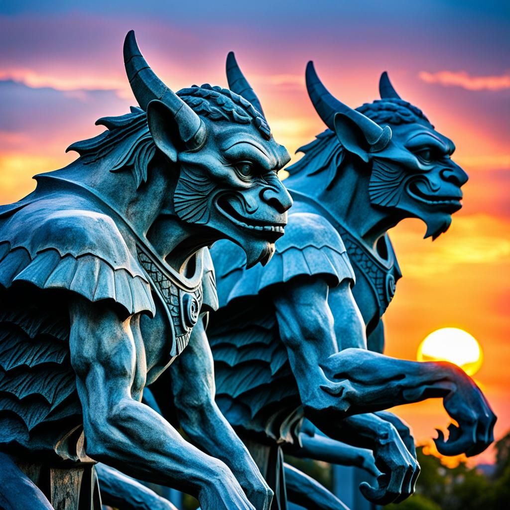 Spanish Gargoyles at Sunrise: Detailed Stone Carvings