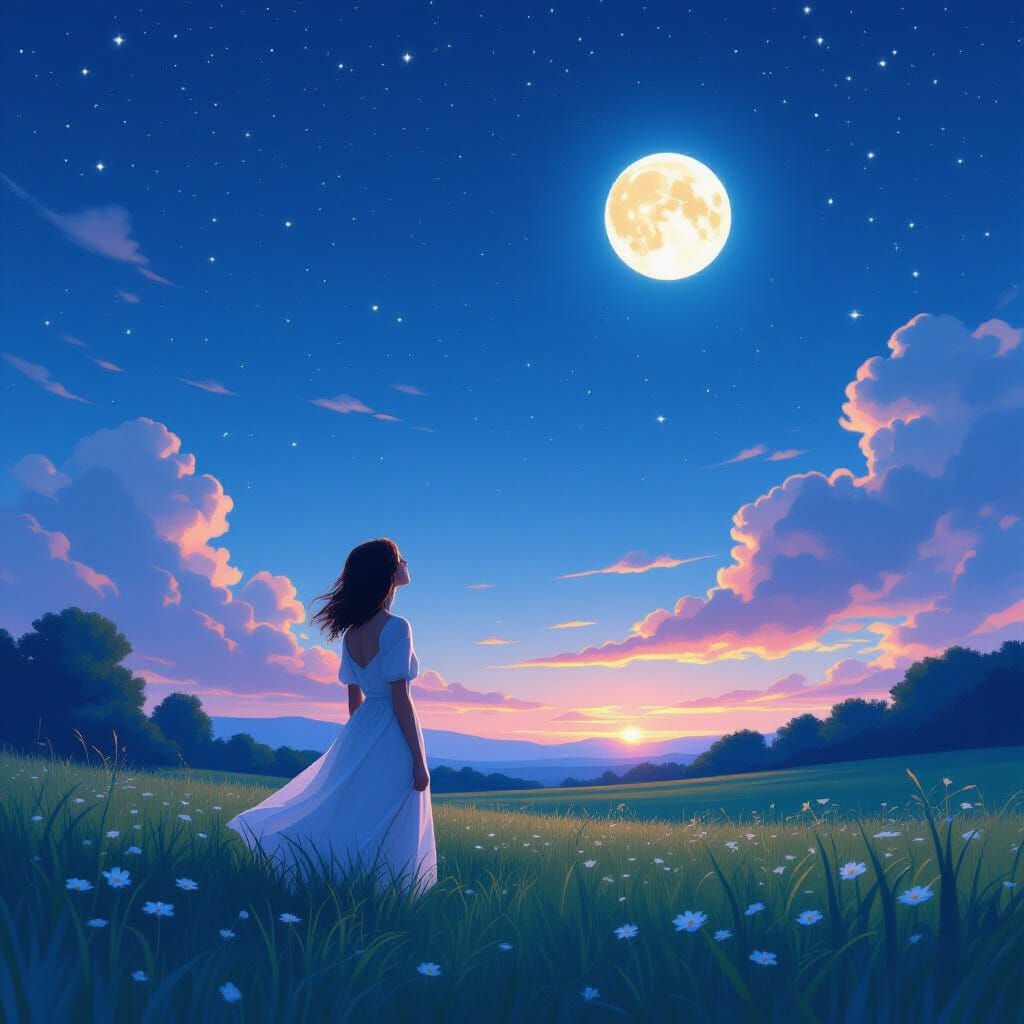 Ethereal Meadow: Woman Gazing at Night Sky