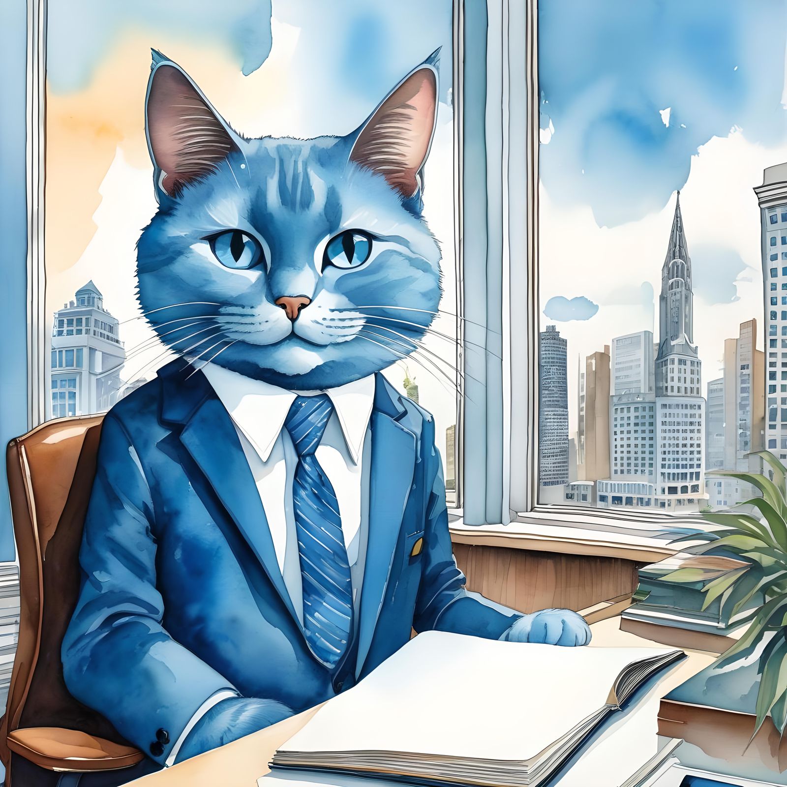 Surreal Watercolor Caricature of a Blue Cat in Office