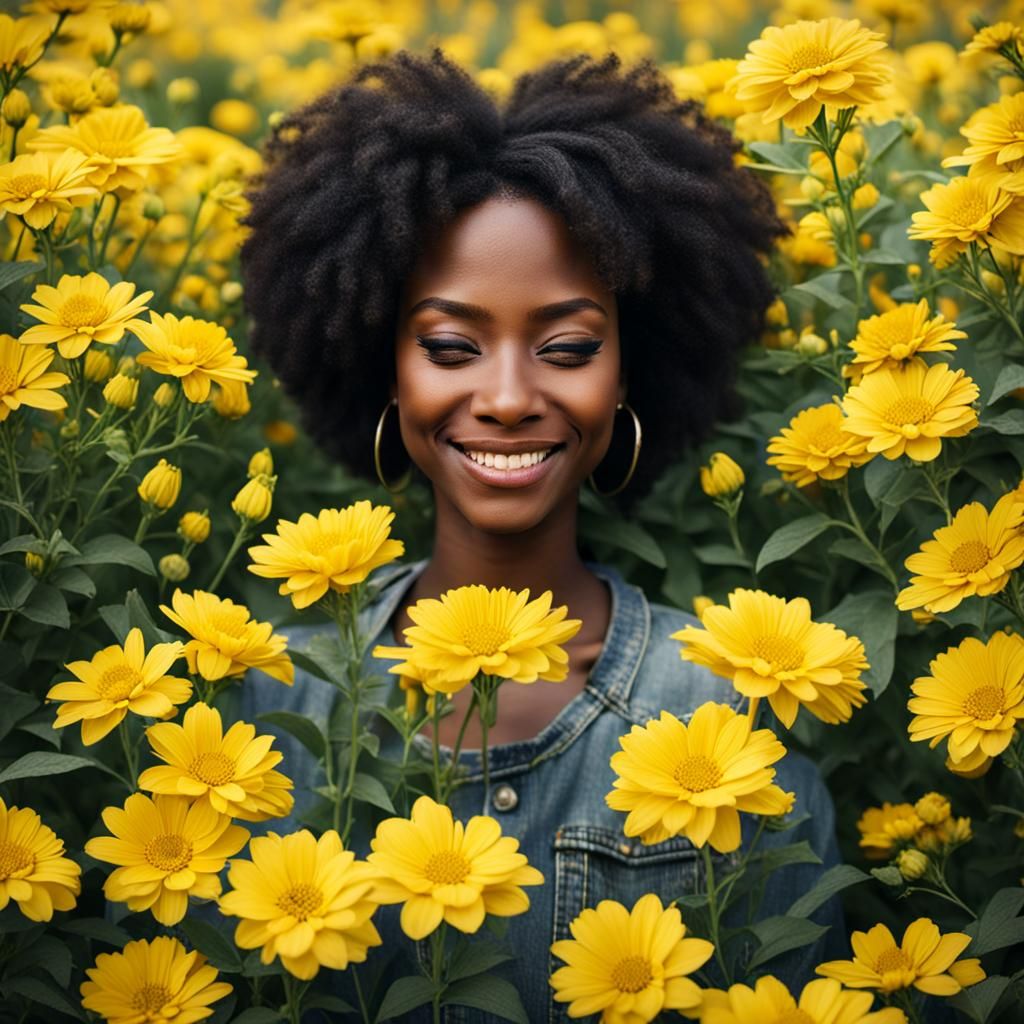 Black Woman in Yellow Flowers, Eyes Closed