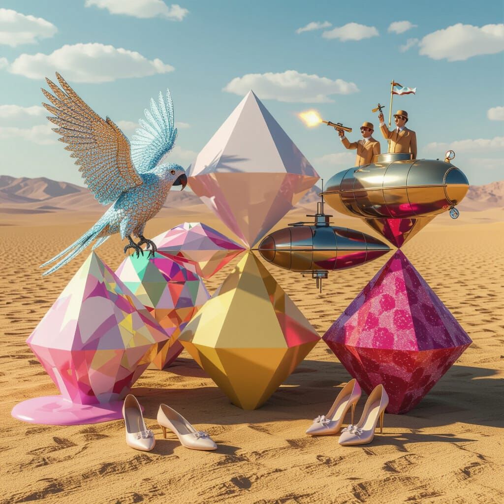 Surreal Desert Scene with Geometric and Asymmetrical Forms