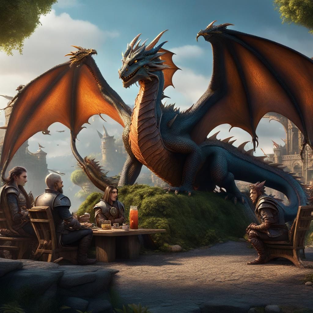 Dragons Socializing with Riders in Detailed Painting