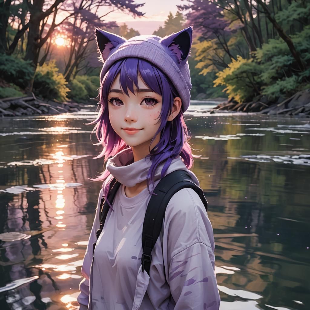 Anime Girl with Cat Ears in River, 3D Render