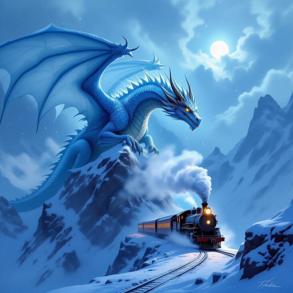 Majestic Ice Dragon Over Snow Mountain with Vintage Train