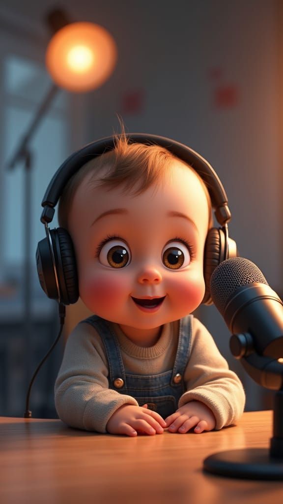Baby Podcaster in Pixar-Inspired Studio