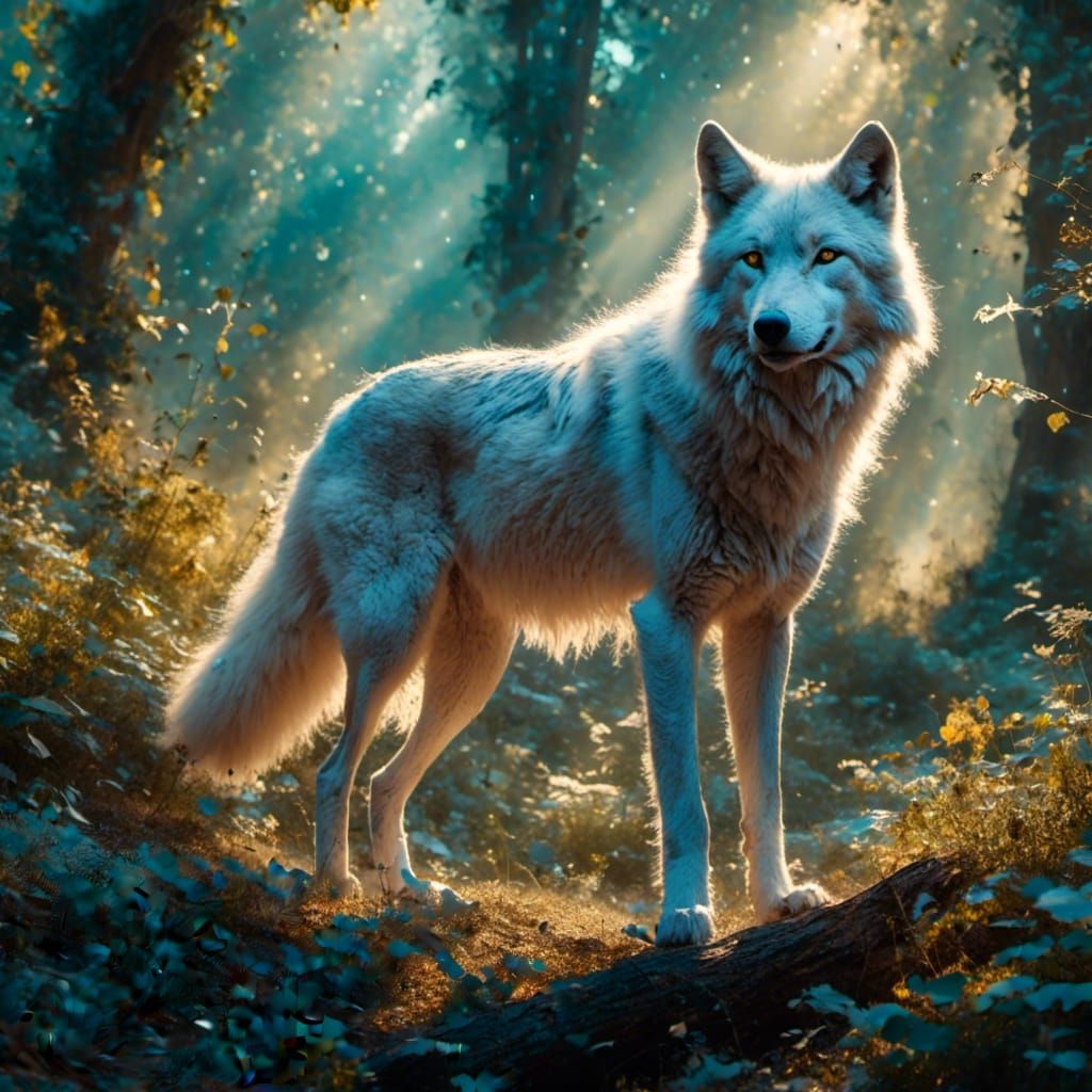 Cute Wolf in Forest with Purple Fantasy Light