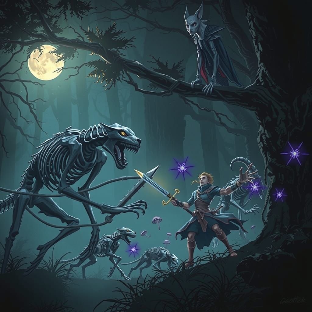 Skeletal Hounds Emerge from Dark Forest in Tense Confrontati...