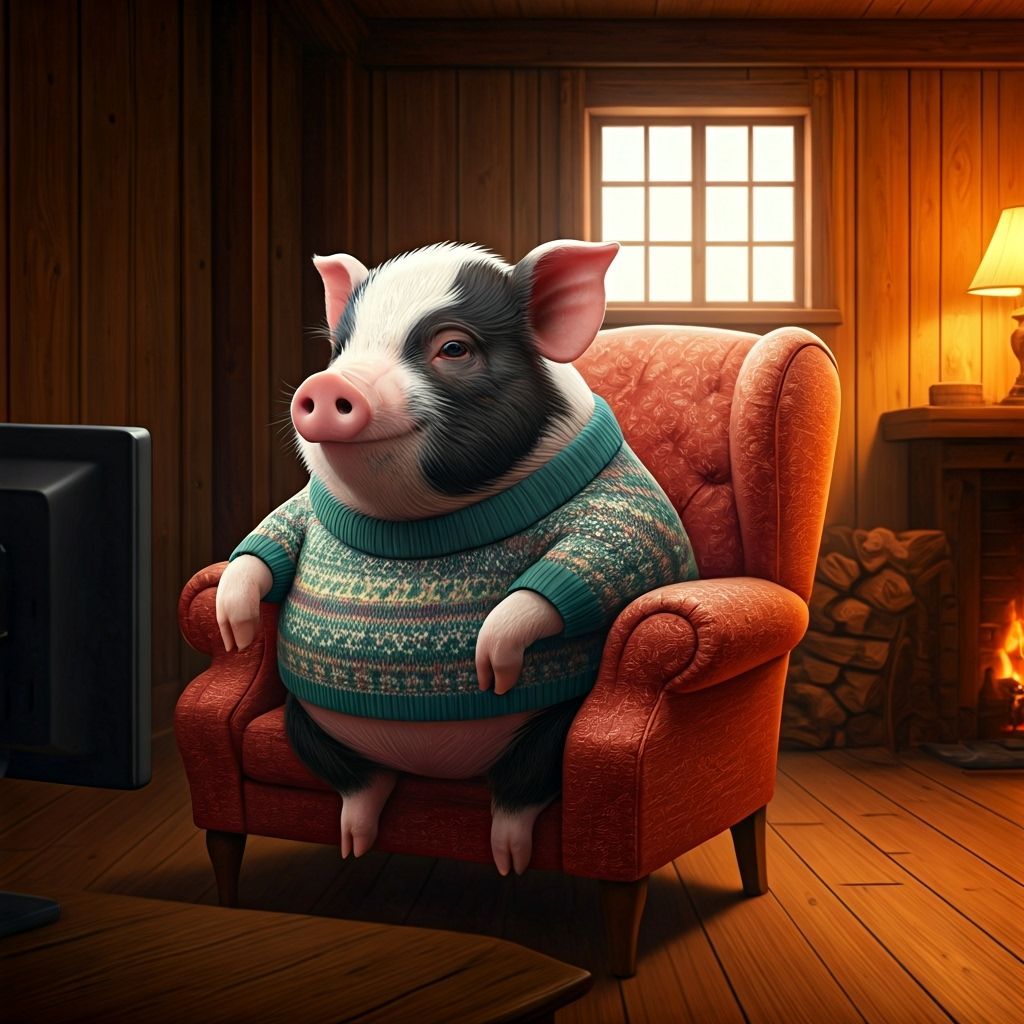 Whimsical Pig Relaxing in Armchair, Digital Art